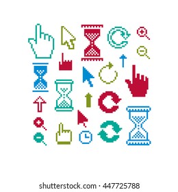 Set of vector retro cursor signs made in pixel art style. Simplistic arrows pointing at different directions. Geometric pixilated symbols like pointers and hourglasses.