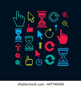Set of vector retro cursor signs made in pixel art style. Simplistic arrows pointing at different directions. Geometric pixilated symbols like pointers and hourglasses.