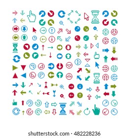 Set of vector retro cursor signs made in pixel art style. Simplistic arrows pointing at different directions, geometric pixilated symbols.