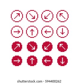 Set of vector retro cursor signs made in pixel art style. Simplistic arrows pointing at different directions, geometric pixilated symbols.