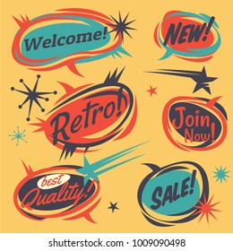 Set of vector retro design elements. Vintage 50s comic bubbles. Vector Illustration. Cartoon style lettering. Thank you. Welcome. Sale. Quality. Join. New.