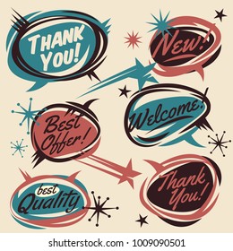 Set of vector retro design elements. Vintage 50s comic bubbles. Vector Illustration. Cartoon style lettering. Thank you. Welcome. Sale. Quality. Join. New.