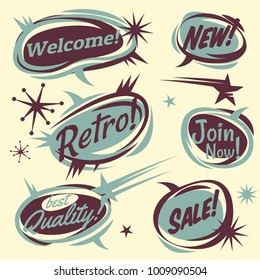 Set Of Vector Retro Design Elements. Vintage 50s Comic Bubbles. Vector Illustration. Cartoon Style Lettering. Thank You. Welcome. Sale. Quality. Join. New.