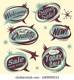 Set Of Vector Retro Design Elements. Vintage 50s Comic Bubbles. Vector Illustration. Cartoon Style Lettering. Thank You. Welcome. Sale. Quality. Join. New.