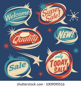 Set Of Vector Retro Design Elements. Vintage 50s Comic Bubbles. Vector Illustration. Cartoon Style Lettering. Thank You. Welcome. Sale. Quality. Join. New.