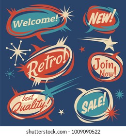 Set of vector retro design elements. Vintage 50s comic bubbles. Vector Illustration. Cartoon style lettering. Thank you. Welcome. Sale. Quality. Join. New.
