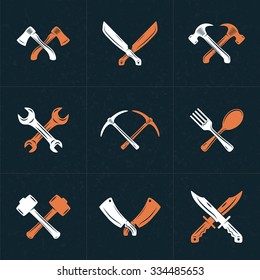 Set of Vector Retro Design Elements for Logotypes. Crossed Tools. Axes, Knifes, Hammer, Wrench, Spoon, Fork. Vector Illustration with White and Orange Elements on Dark Textured Background
