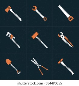 Set of Vector Retro Design Elements for Logotypes.Tools.Hacksaw,Adjustable Wrench,Hammer,Shovel,Scissors,Pliers,Ax,Wrench.Vector Illustration with White and Orange Elements on Dark Textured Background