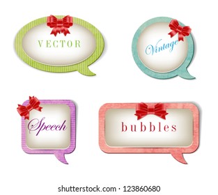 A set of vector retro elegant paper textured speech bubbles decorated with silky ribbon bow knots