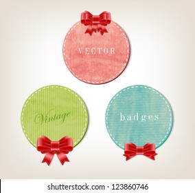 A set of vector retro elegant paper textured round banners / greeting cards decorated with silky ribbon bow knots