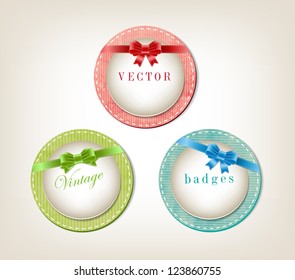 A set of vector retro elegant paper textured round banners / greeting cards decorated with silky ribbon bow knots