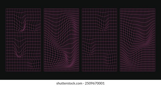 Set of vector retro futuristic distorted acid pink design grids. Perspective grids, polar grid, geometry. Cyberpunk 80s style design elements