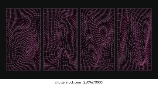Conjunto de rejillas de diseño retro futurista de color rosa ácido distorsionado de Vector. Rejillas de Perspectiva, rejilla polar, geometría. Elementos de diseño estilo Cyberpunk años 80