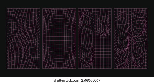 Set of vector retro futuristic distorted acid pink design grids. Perspective grids, polar grid, geometry. Cyberpunk 80s style design elements