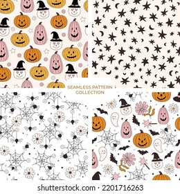 Set of vector retro halloween hand drawn seamless patterns. Cohesive collection of repeating backgrounds, digital papers for fabric, textile, scrapbook, wallpaper design