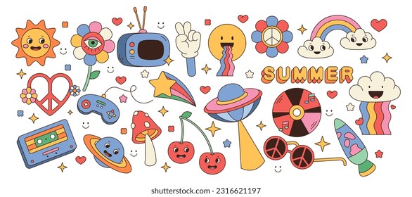 Set of vector retro icons. Hippie sticker or badge. Vintage isolated element of sun, peace sign, cloud. 1970 or 1960, 60s or 70s groovy art. Symbol collection with old design. Collage cartoon sticker