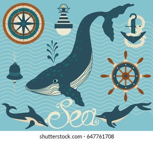 Set of vector retro illustrations, marine,sea,wave, whale, Dolphin ,anchor,buoy, wheel, wind rose