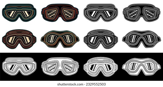 Set vector retro motocross goggles. Safety motorcycle Glasses design illustration