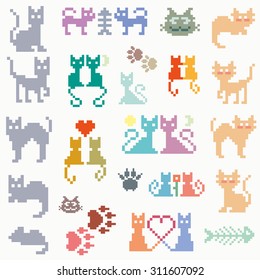 Set vector retro pixel cat