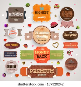 Set of vector retro ribbons, old dirty paper textures and vintage labels, banners, hearts and emblems. Elements for design.