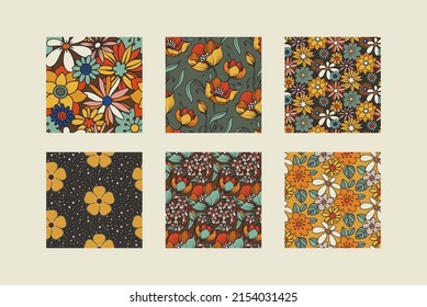 Set of vector retro seamless patterns, inspired by prints from the 60s and 70s. Endless trendy backgrounds