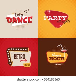 Set of vector retro signs elements. Dance party, Happy hour. Vector illustration.