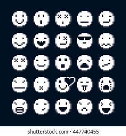 Set of vector retro signs made in pixel art style. Emotional expressions displayed on the faces of personalities, geometric pixilated symbols.