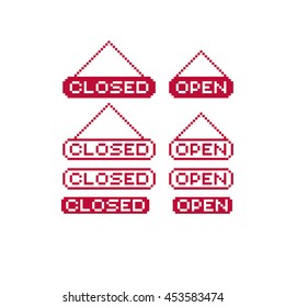 Set of vector retro signs made in pixel art style, closed and open writing. Geometric pixilated symbols.