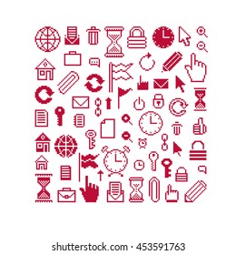 Set of vector retro signs made in pixel art style. Different geometric pixilated symbols.
