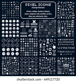 Set of vector retro signs made in pixel art style. Different geometric pixilated symbols created in emotional, music, meteorology and corporate business themes.