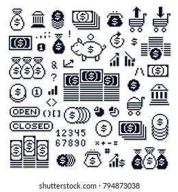 Set of vector retro signs made in pixel art style. Economics and investment theme geometric pixilated symbols.