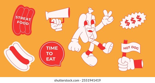 set of vector retro street food illustration mascot lively hot dog character, bold text, and fun icons. promoting food festivals, trendy stickers, card, fast food brands, or creative dining concepts