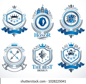 Set of vector retro vintage insignias created with design elements like medieval castles, armory, wild animals, imperial crowns. Collection of coat of arms.