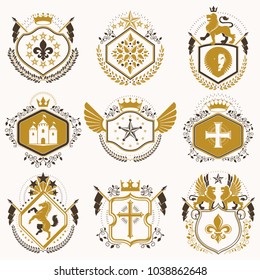 Set of vector retro vintage insignias created with design elements like medieval castles, armory, wild animals, imperial crowns. Collection of coat of arms.