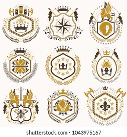 Set of vector retro vintage insignias created with design elements like medieval castles, armory, wild animals, imperial crowns. Collection of coat of arms.