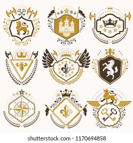 Set of vector retro vintage insignias created with design elements like medieval castles, armory, wild animals, imperial crowns. Collection of coat of arms.