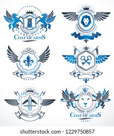 Set of vector retro vintage insignias created with design elements like medieval castles, armory, wild animals, imperial crowns. Collection of coat of arms.