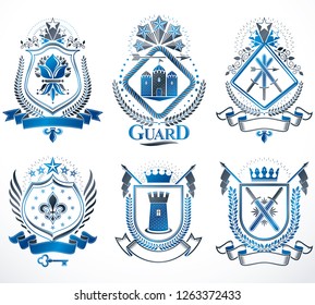 Set of vector retro vintage insignias created with design elements like medieval castles, armory, wild animals, imperial crowns. Collection of coat of arms.