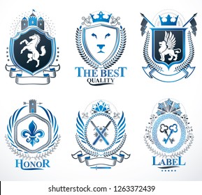 Set of vector retro vintage insignias created with design elements like medieval castles, armory, wild animals, imperial crowns. Collection of coat of arms.