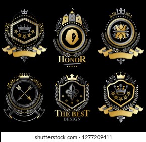 Set of vector retro vintage insignias created with design elements like medieval castles, armory, wild animals, imperial crowns. Collection of coat of arms.