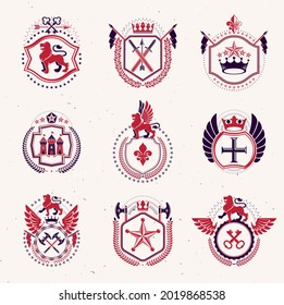 Set of vector retro vintage insignias created with design elements like medieval castles, armory, wild animals, imperial crowns. Collection of coat of arms.