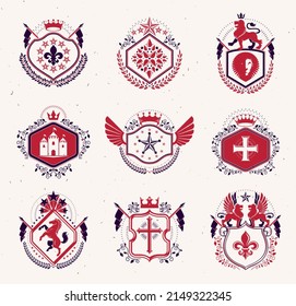 Set of vector retro vintage insignias created with design elements like medieval castles, armory, wild animals, imperial crowns. Collection of coat of arms.