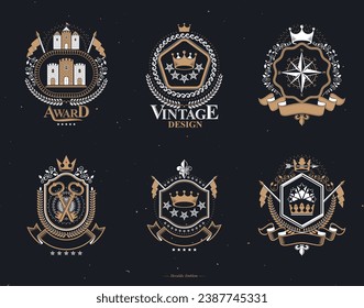 Set of vector retro vintage insignias created with design elements like medieval castles, armory, wild animals, imperial crowns. Collection of coat of arms.