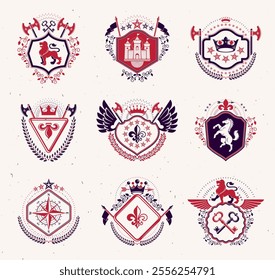 Set of vector retro vintage insignias created with design elements like medieval castles, armory, wild animals, imperial crowns. Collection of coat of arms.