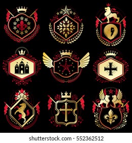 Set of vector retro vintage insignias created with design elements like medieval castles, armory, wild animals, imperial crowns. Collection of coat of arms.