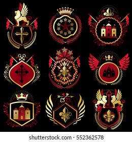 Set of vector retro vintage insignias created with design elements like medieval castles, armory, wild animals, imperial crowns. Collection of coat of arms.