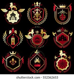 Set of vector retro vintage insignias created with design elements like medieval castles, armory, wild animals, imperial crowns. Collection of coat of arms.