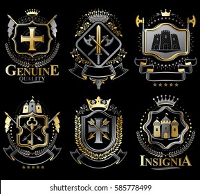 Set of vector retro vintage insignias created with design elements like medieval castles, armory, wild animals, imperial crowns. Collection of coat of arms.