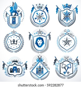 Set of vector retro vintage insignias created with design elements like medieval castles, armory, wild animals, imperial crowns. Collection of coat of arms.