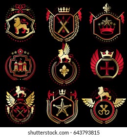 Set of vector retro vintage insignias created with design elements like medieval castles, armory, wild animals, imperial crowns. Collection of coat of arms.